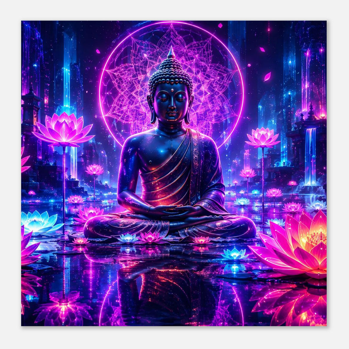 Meditierender Buddha auf Poster, blauer Buddha, neonfarbener Heiligenschein, Lotusblüten