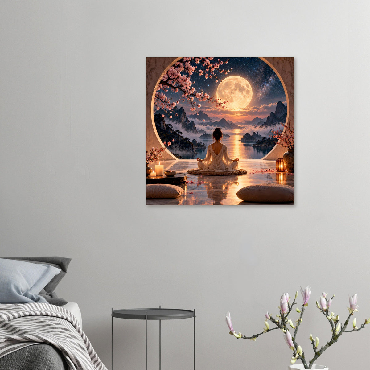 Zen-Meditationsposter klein an der Wand: Mondschein-See mit Meditationsfigur und Kirschblüten