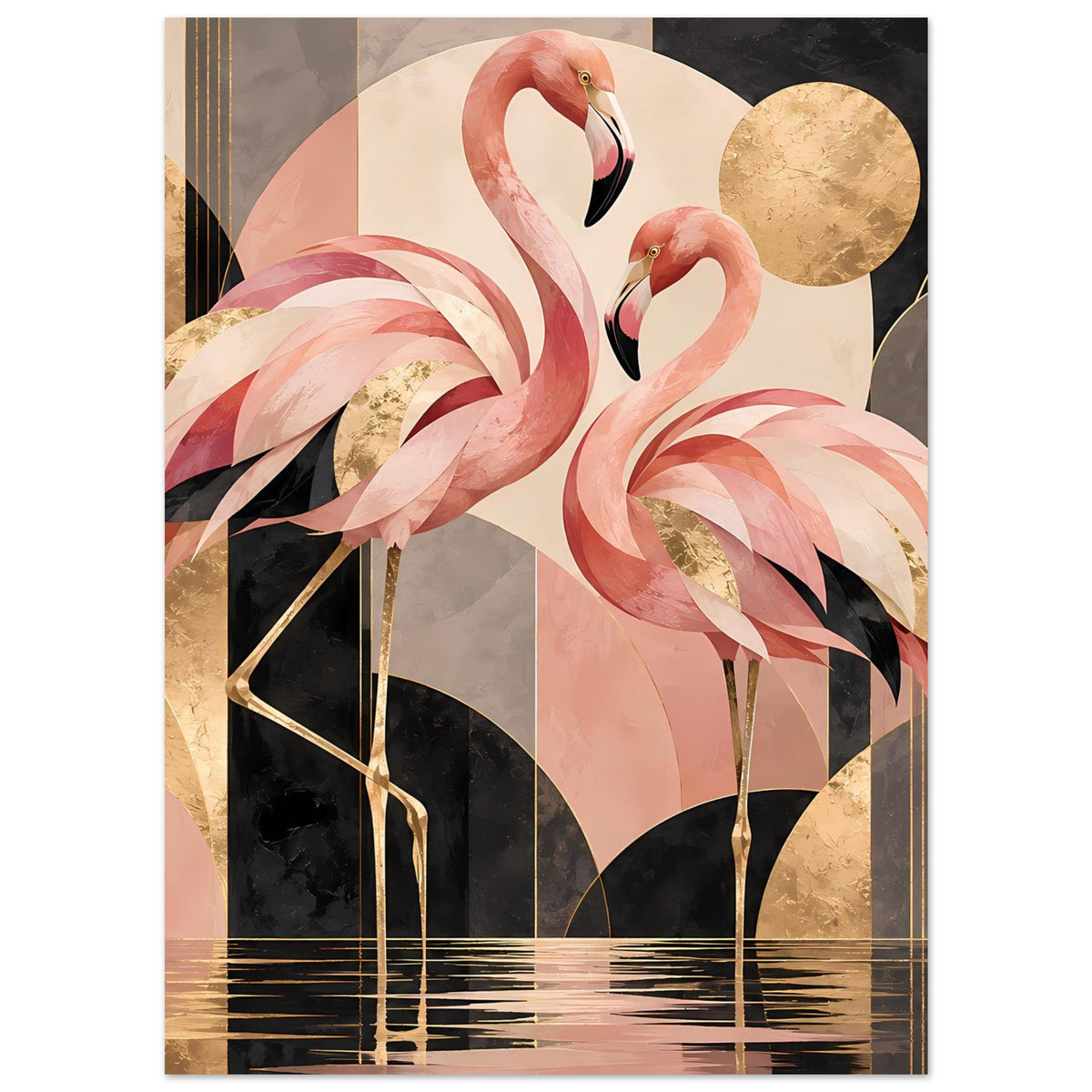 Zwei rosa Flamingos vor geometrischem Hintergrund mit Goldakzenten in Schwarz und Creme – Posteransicht 5