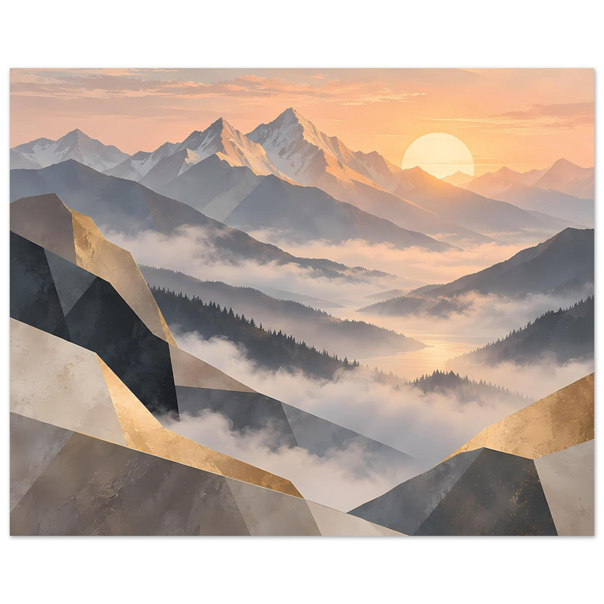 Poster mit Sonnenaufgang über Bergtälern, goldene Streifen und geometrische Flächen