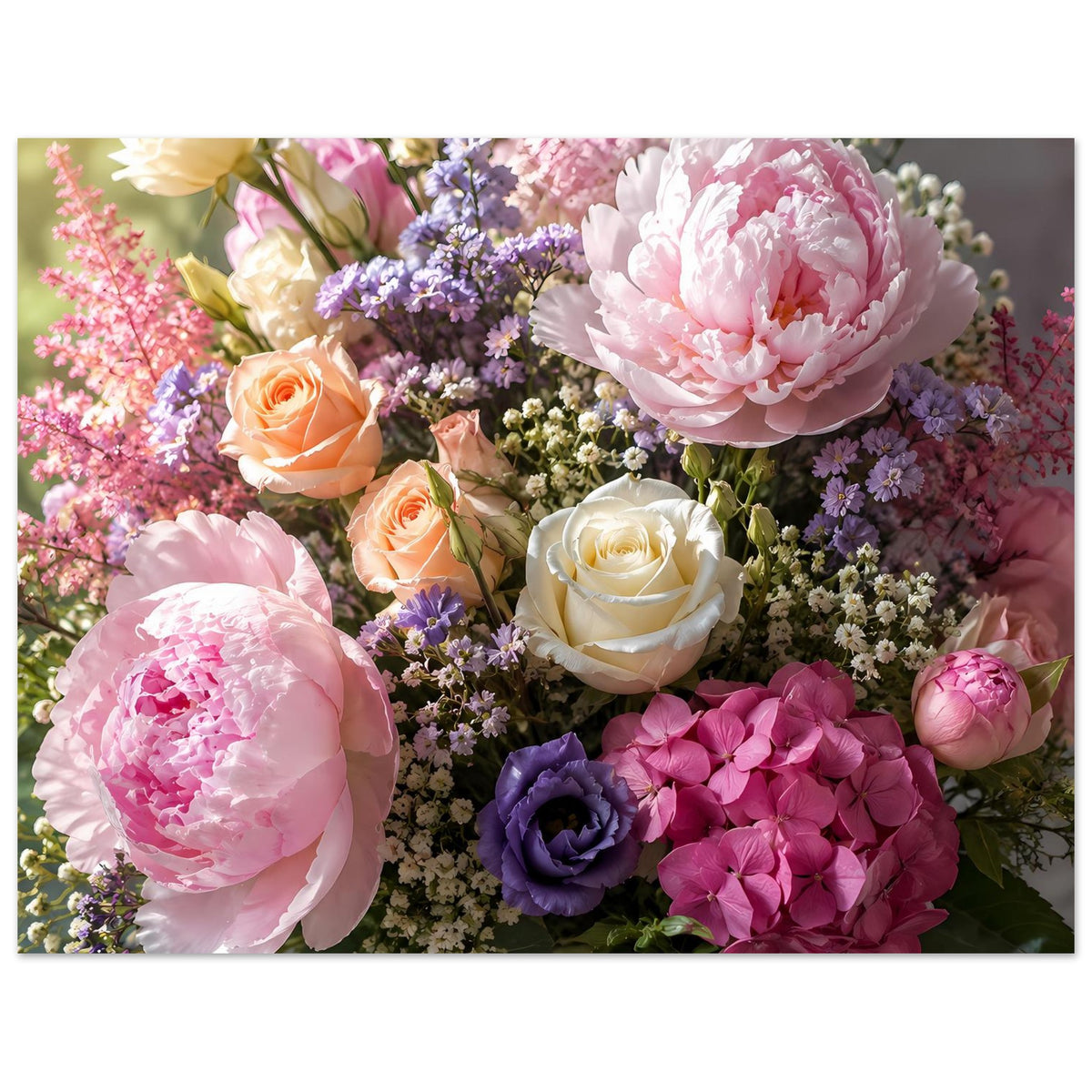 Blumenstrauß-Poster: farbenfroher Blumenstrauß mit Pfingstrosen, Rosen und lila Akzenten