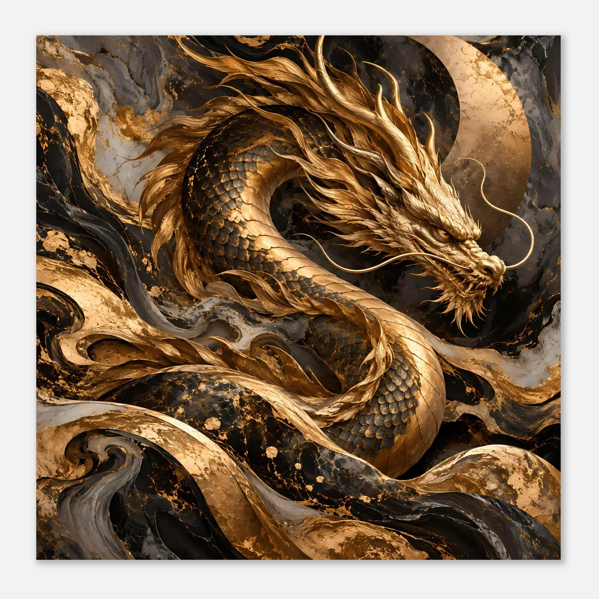 Fantasy-Poster mit goldenem Drachenkopf, schuppiger Hals und Ranken, eng zugeschnitten