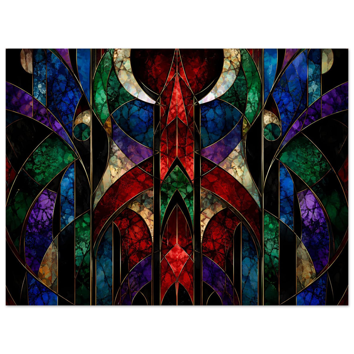 Art-deco-Poster mit Buntglas-Mosaik: rote Mittelspitze, blaue, grüne und violette Bogenornamente