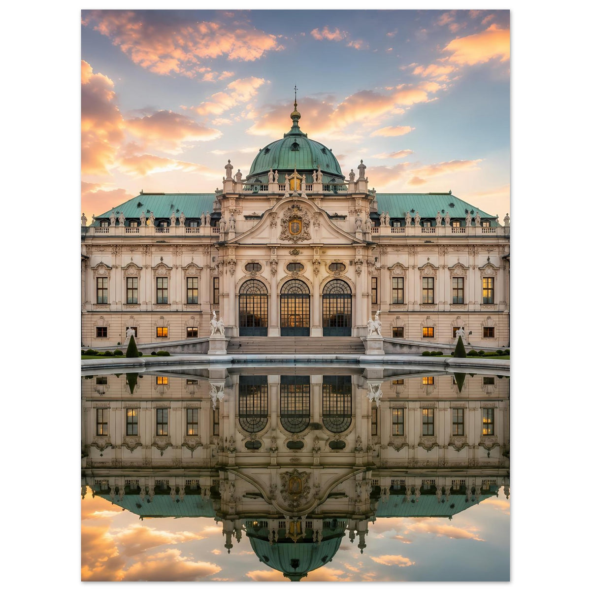 Schloss-Poster im Hochformat: Barockpalast frontal mit Wasserspiegelung im unteren Bereich
