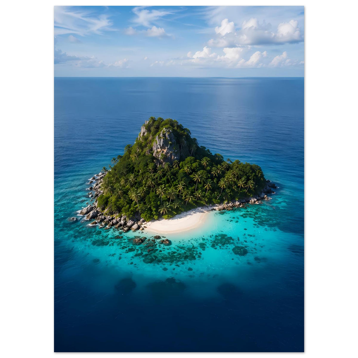 Poster vertikal: felsige Insel mit üppigem Grün, Sandstrand und türkisblauem Wasser