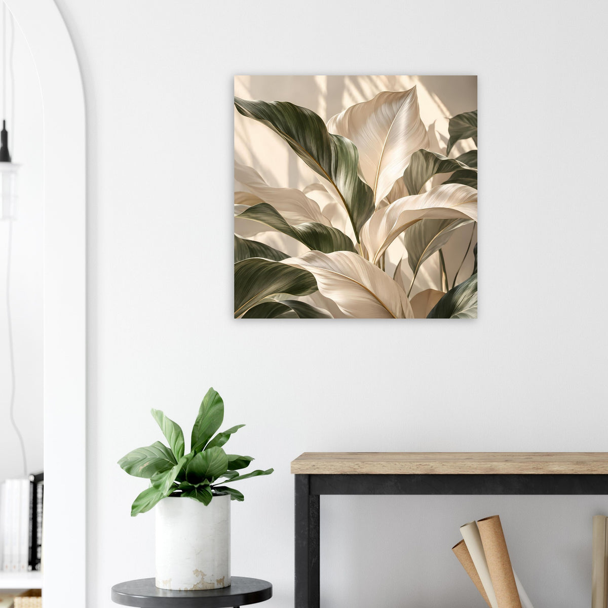 Pflanzenkunst-Poster mit üppigen Blättern, Grün- und Cremetönen