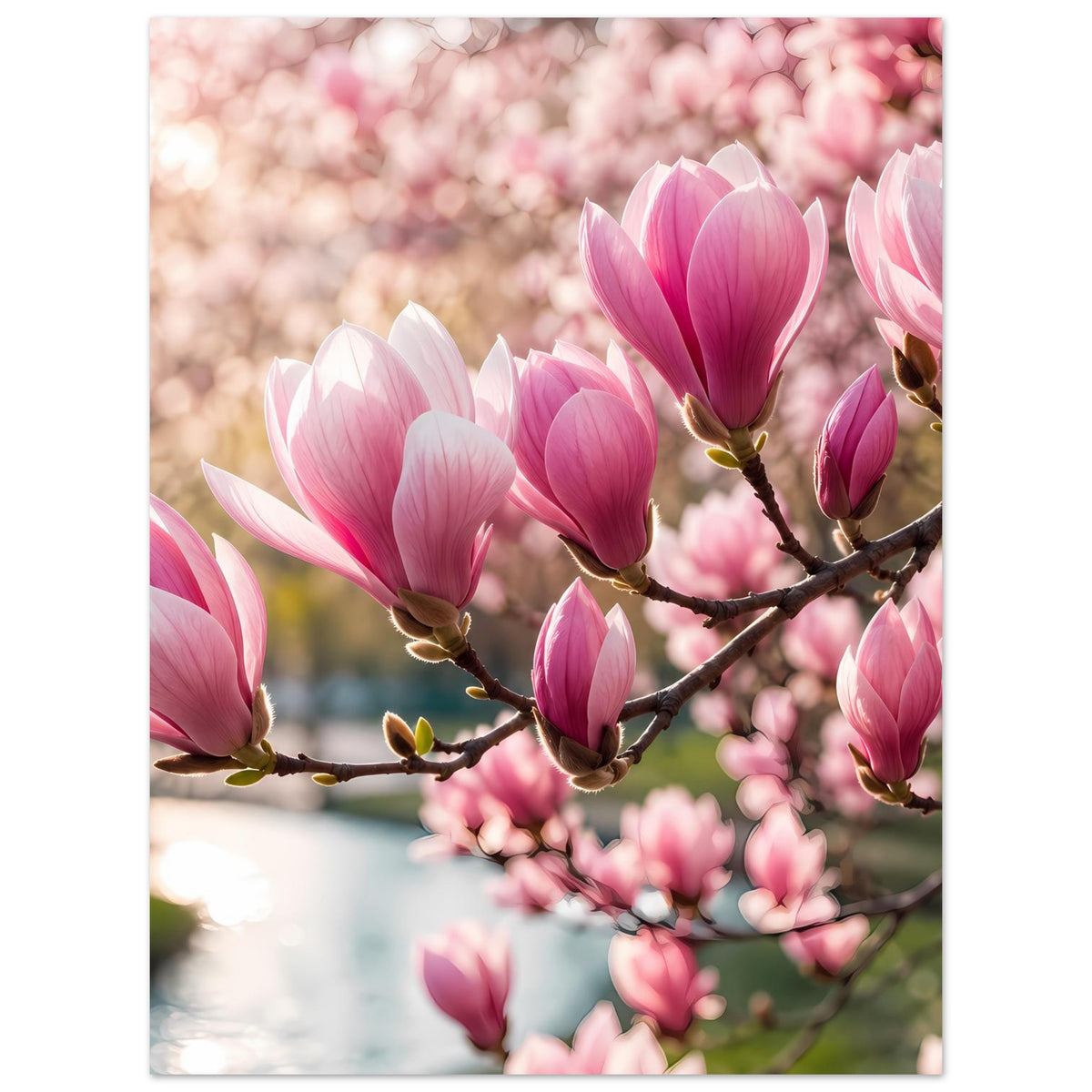 Blumenposter: weiße und rosa Magnolienblüten auf dunklem Ast