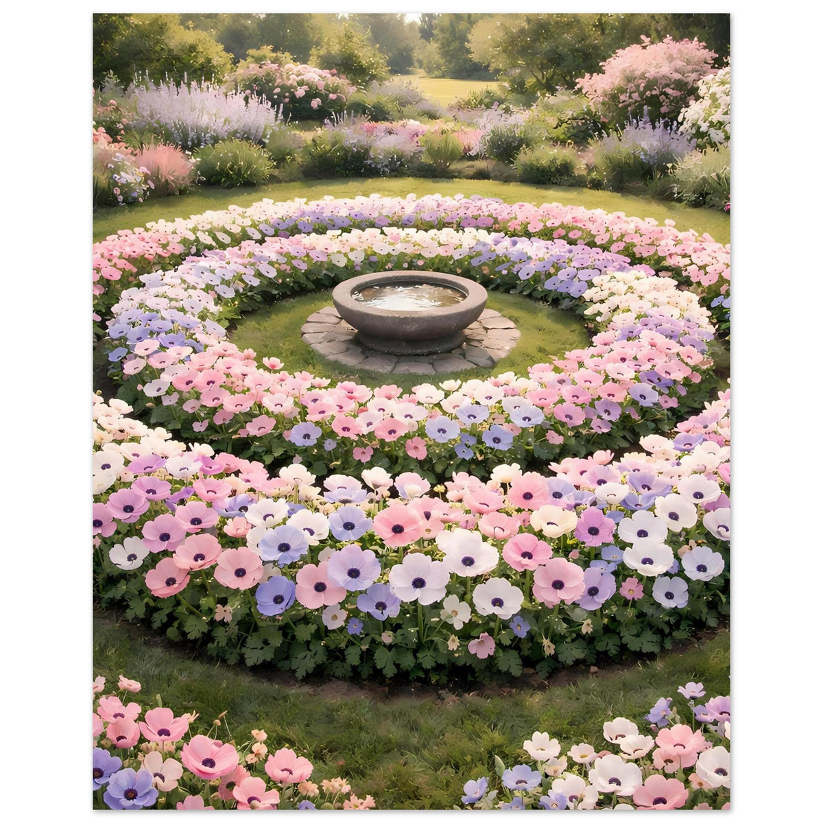 Poster mit Blick auf den Blumengarten: mehrere Kreise aus Blüten um eine graue Stein-Schale