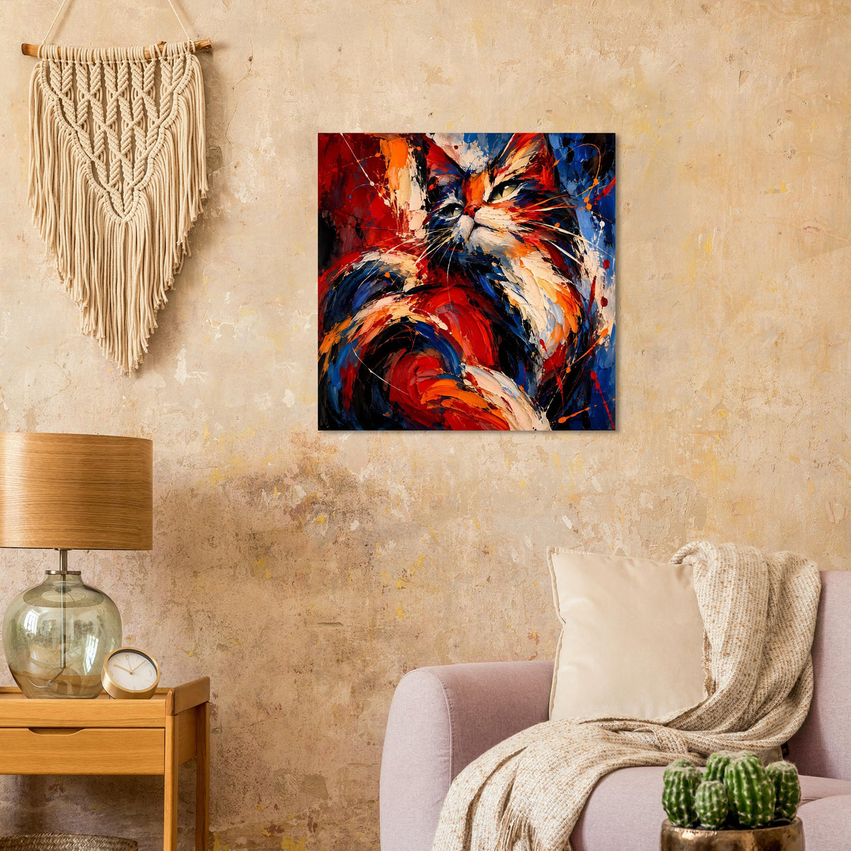 Gerahmtes quadratisches Poster mit abstrakter Katze und Pinselstrichen in Rot und Blau.