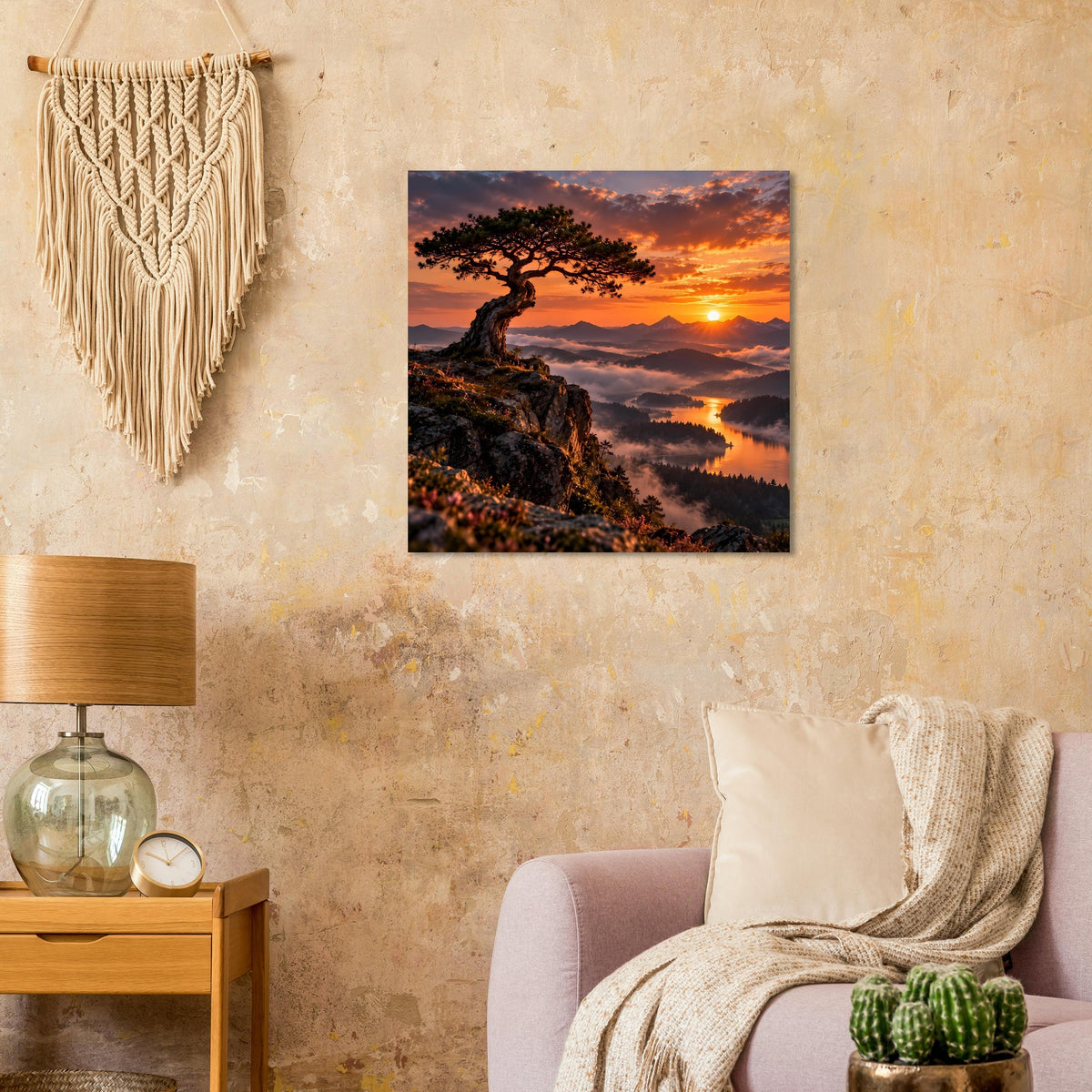 Landschaftsposter im quadratischen Format mit Baum auf Klippe, orangefarbener Sonnenuntergang