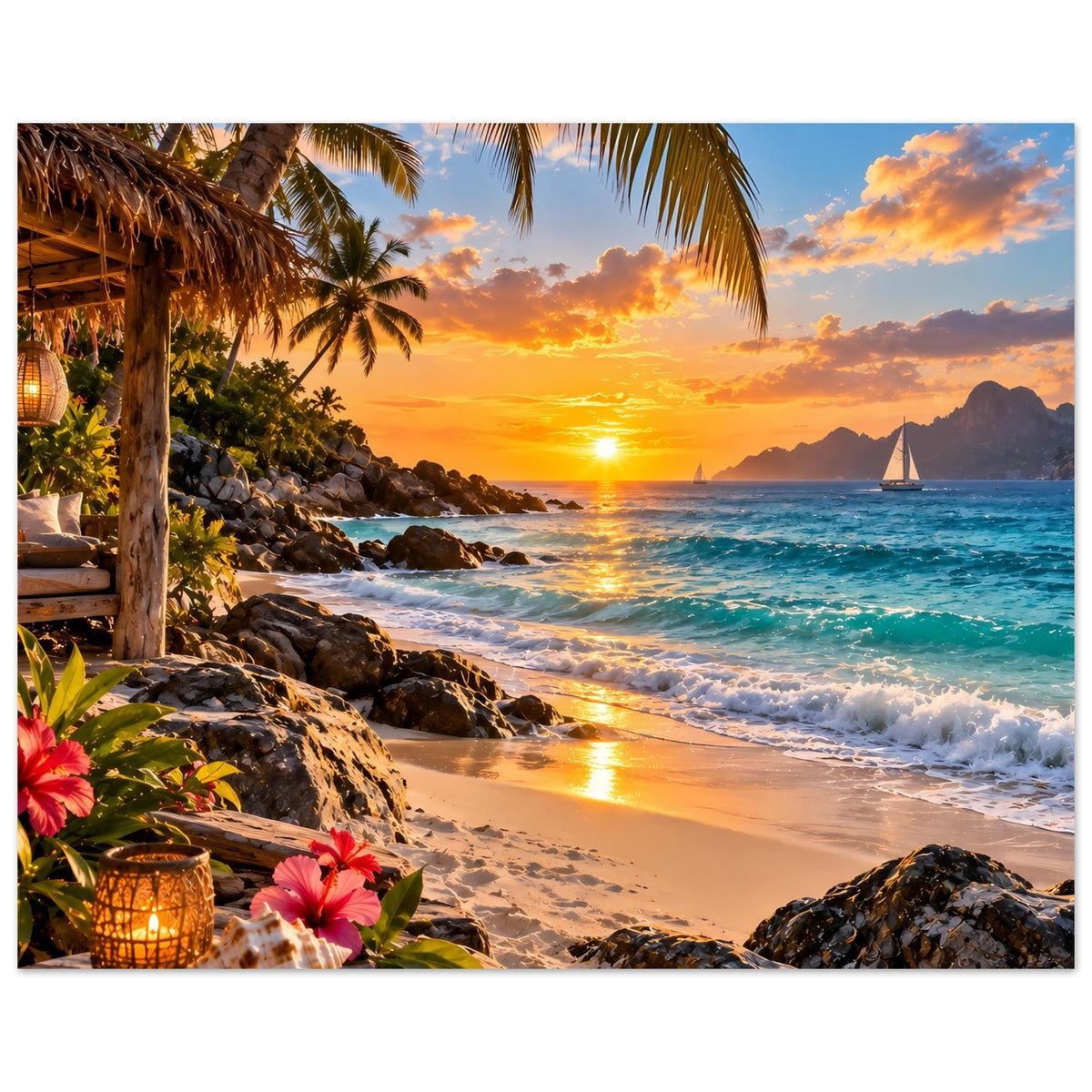 Querformat-Strandposter mit Palmdach, Sonnenuntergang, türkisfarbenem Meer, Felsen und Wellen