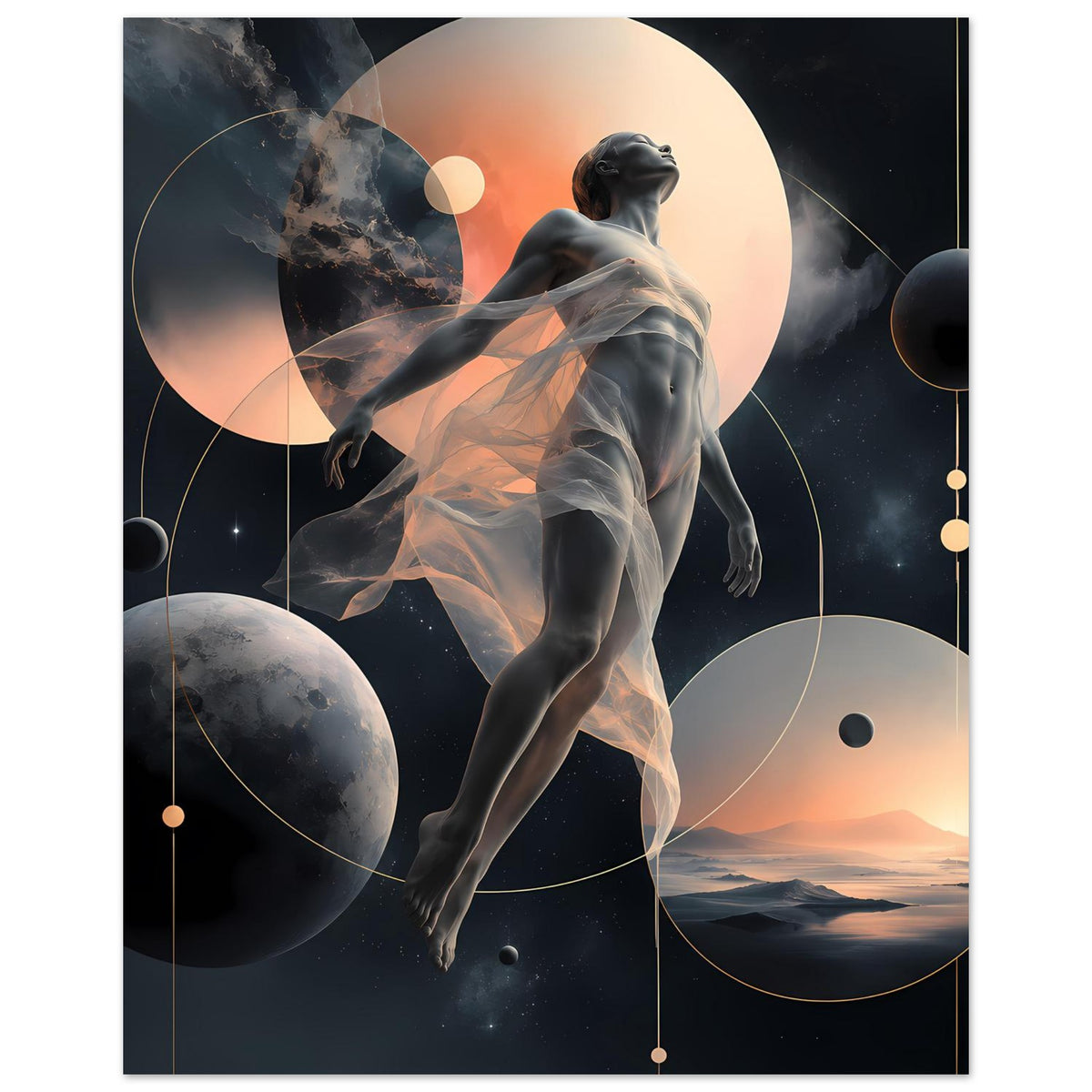 Poster mit abstrakter Figur, großen Mondscheiben und Planeten, leicht nach rechts ausgerichtet
