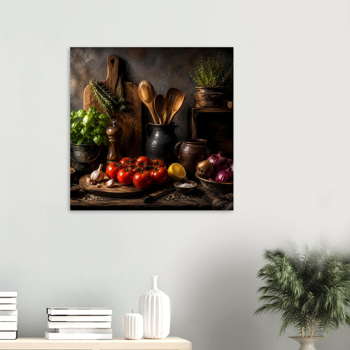 Küchenstillleben-Poster mit Tomaten, Kräutern, Kochutensilien und Töpfen in warmen Erdtönen