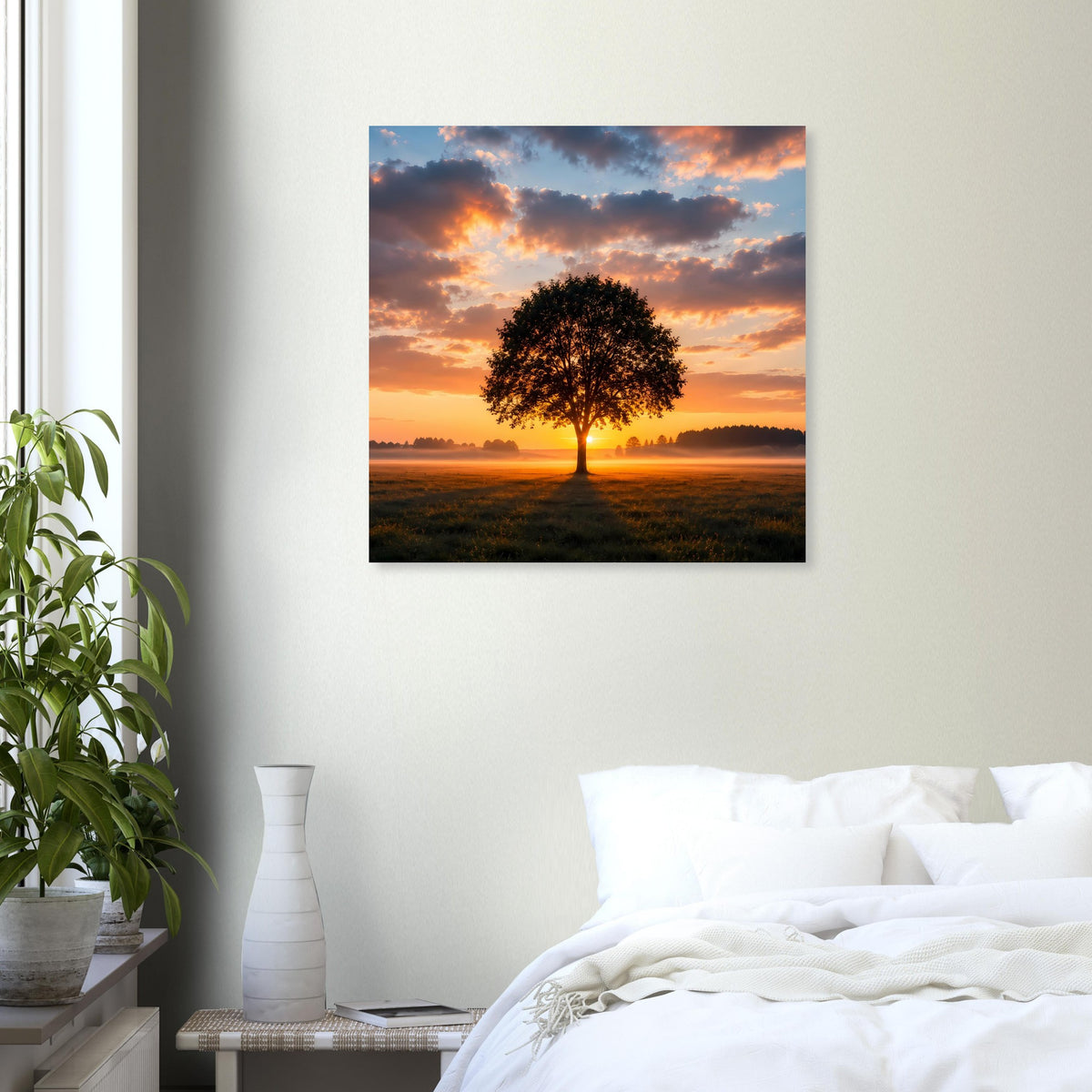 Quadratisches Poster mit Baum in orange-blauem Sonnenuntergang, schwarzer Rahmen