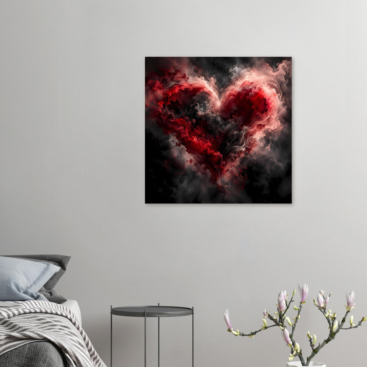 Kleines Wandposter im Quadratformat mit Herz aus Rauchwolken in Rot, Rosa und Grau