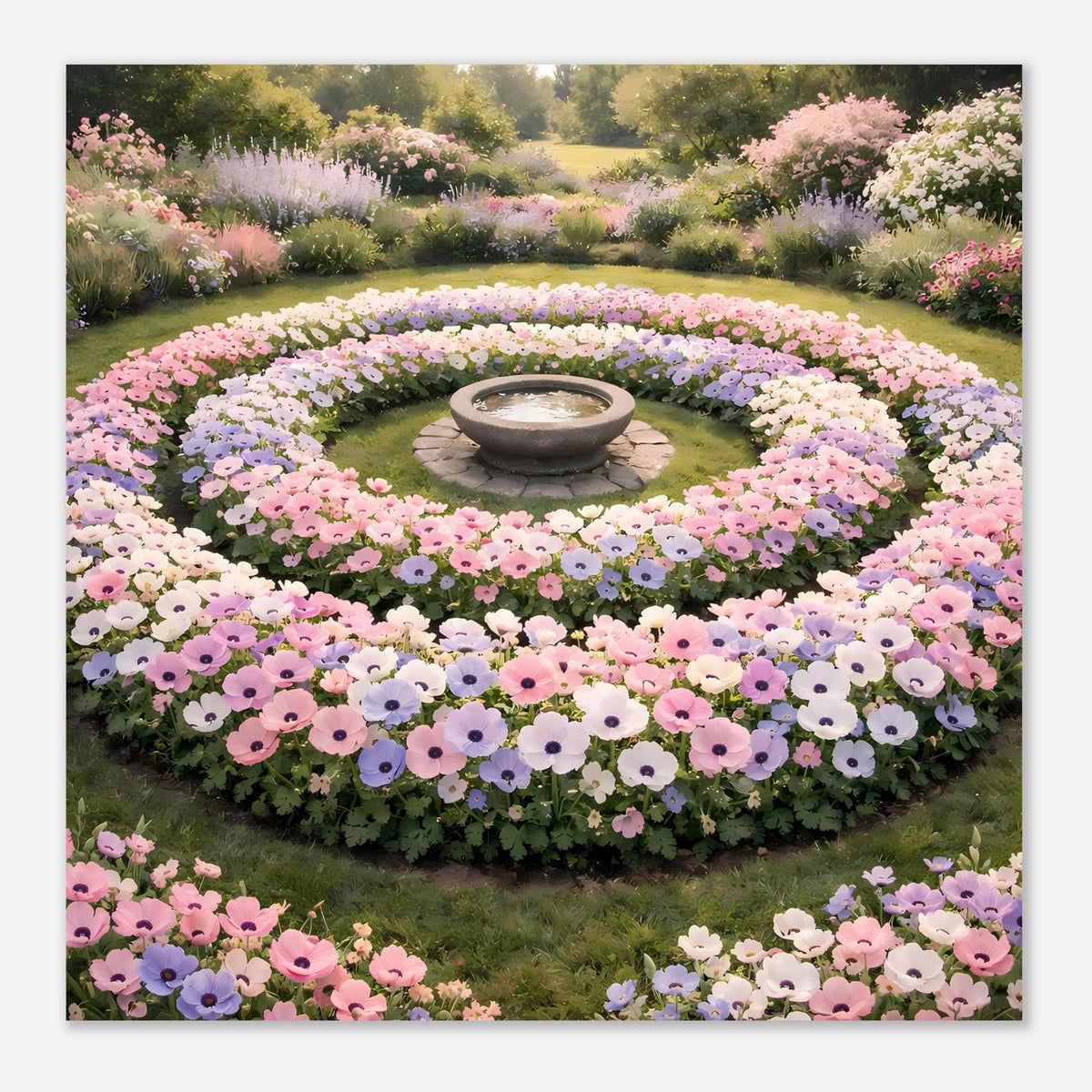 Poster: kompakter Blick auf den runden Blumengarten mit vielen rosa, lila, weißen Blüten