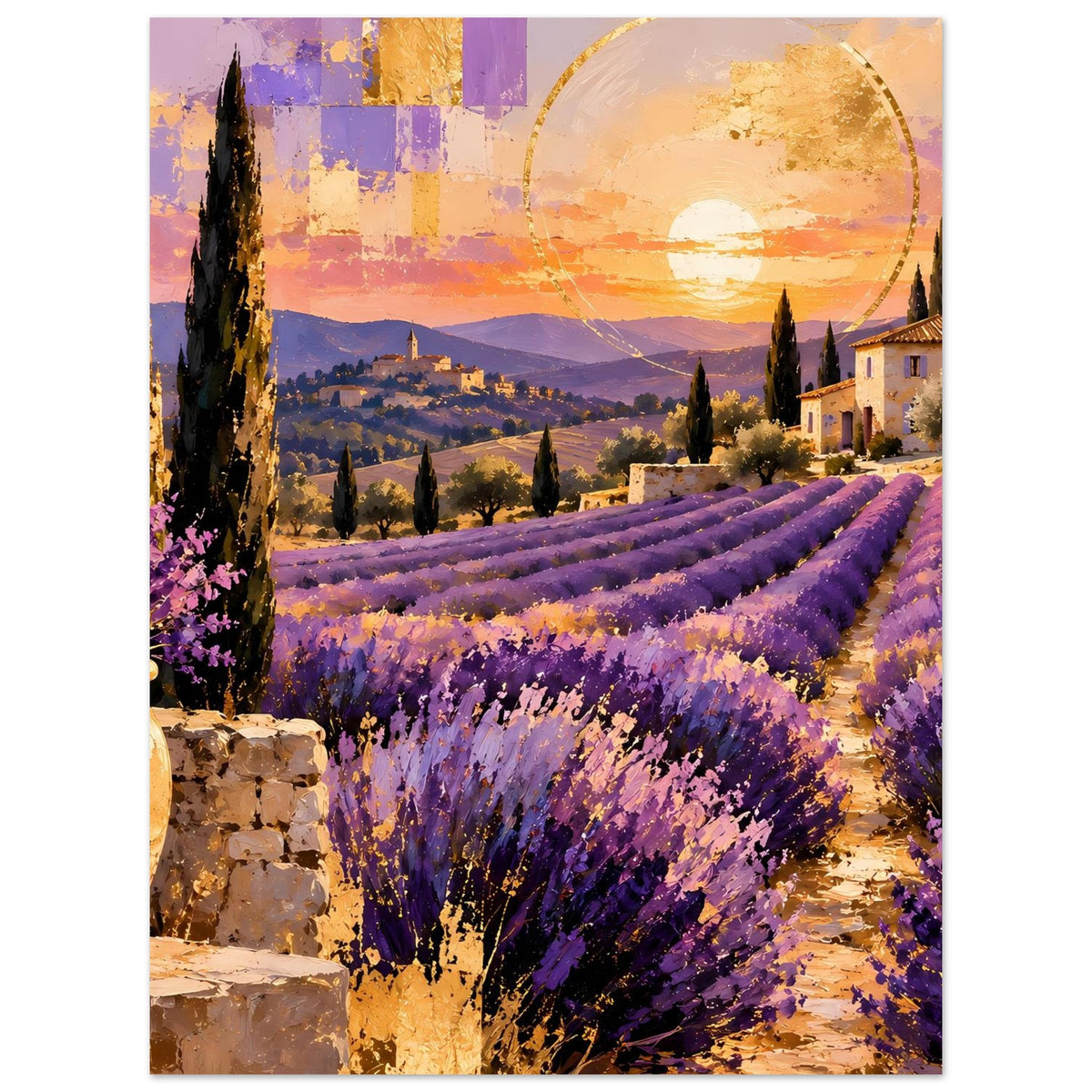 Wandposter mit Lavendelfeldern, goldener Sonne und Häusern am Weg