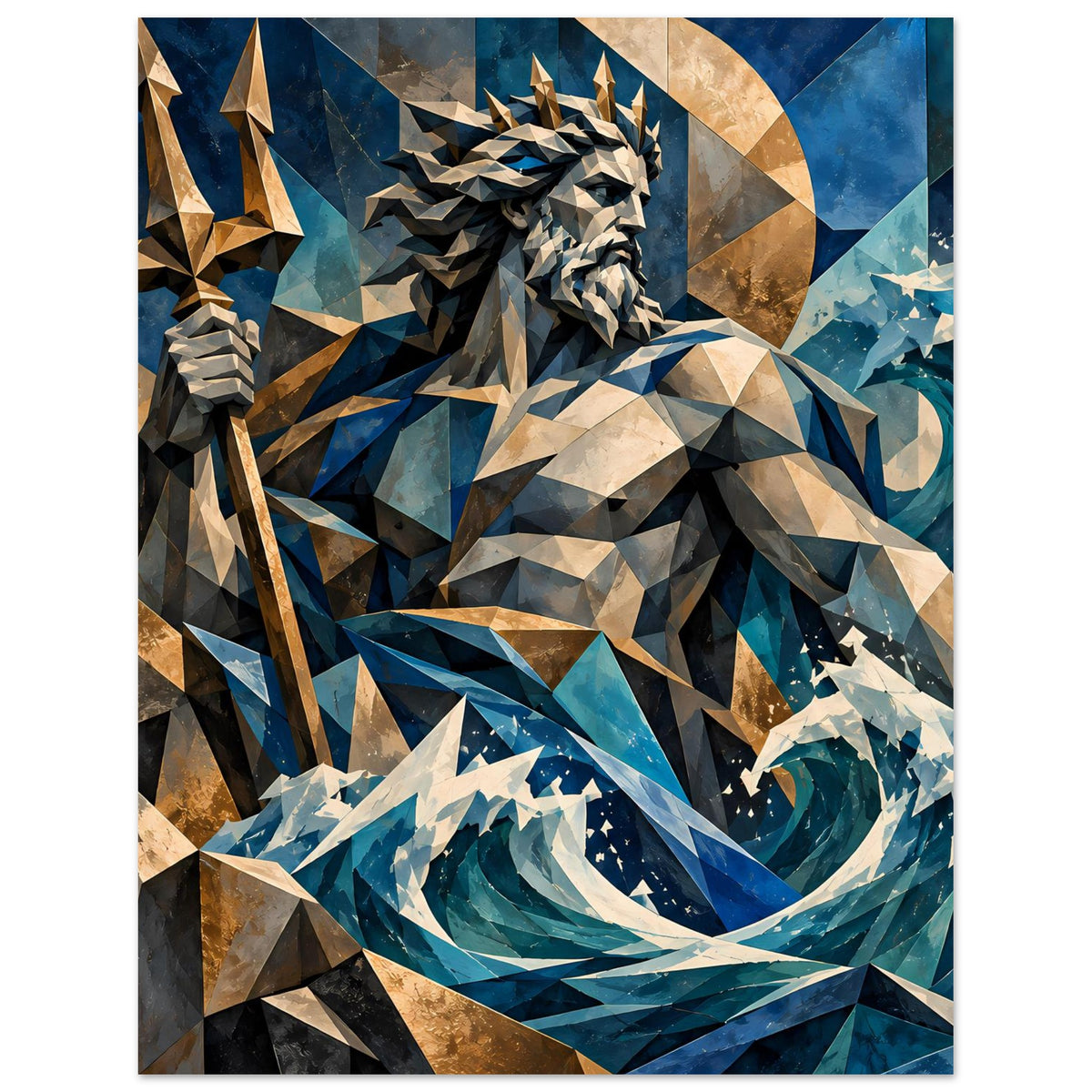Geometrisches Poseidon-Poster: Dreizack, Mosaikfigur mit Ozeanwellen in Blau und Gold
