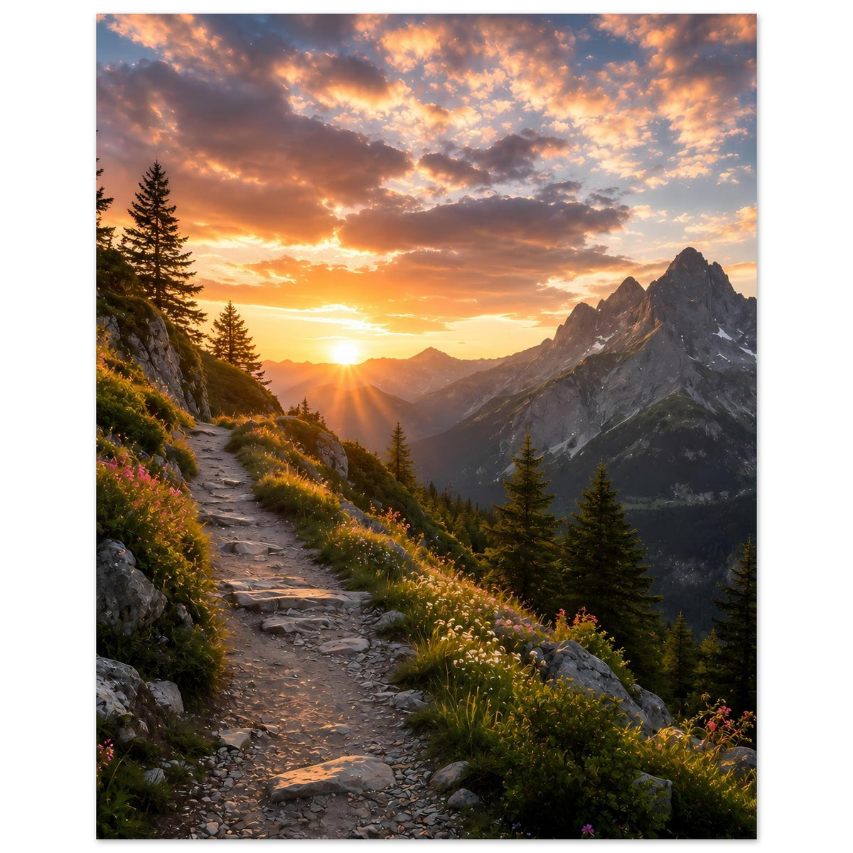 Poster mit Bergpfad zwischen Tannenwäldern und Felsformationen beim Sonnenaufgang