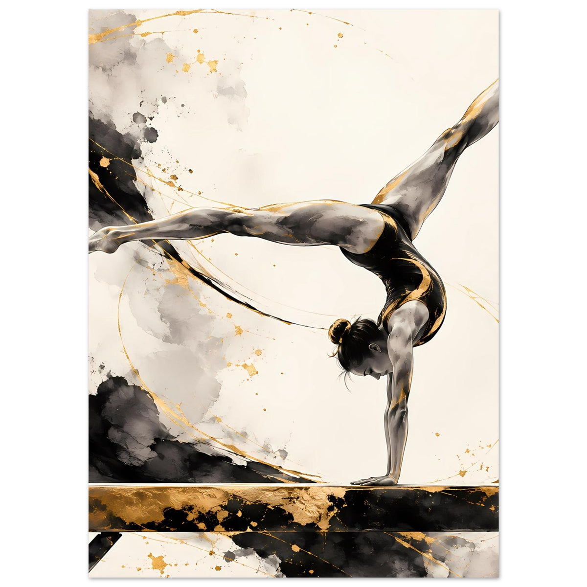 Gymnastikposter mit Turnerin in dunklem Outfit, abstraktes Design mit Goldsprenkeln