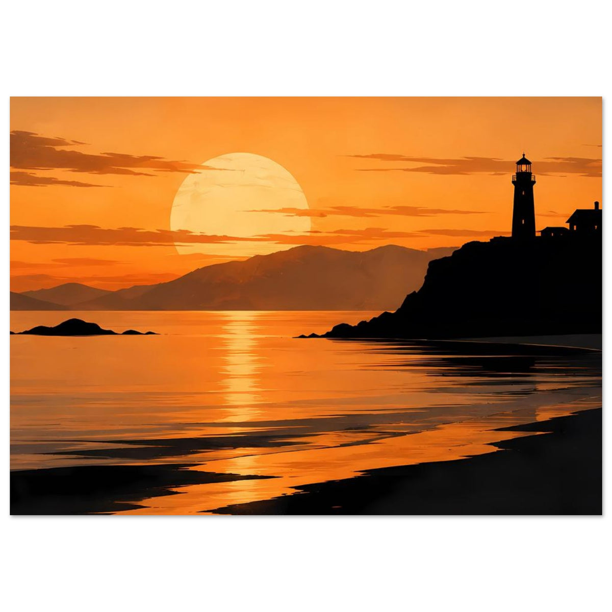 Meer-Küstenposter im Querformat: Sonnenuntergang, Leuchtturm und spiegelnder Strand
