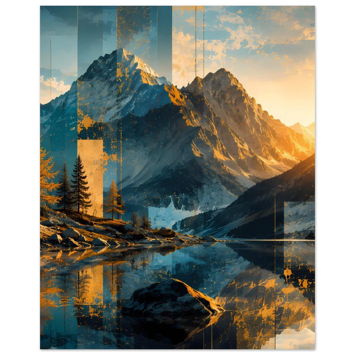 Vertikales Poster mit abstrakter Berglandschaft: Felsen, Tannenwald, Berge im Licht, blau-gold