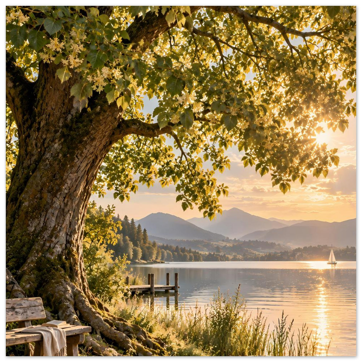 Naturposter mit großem Baumstamm, Seeufer und Steg, goldene Abendsonne im Hintergrund