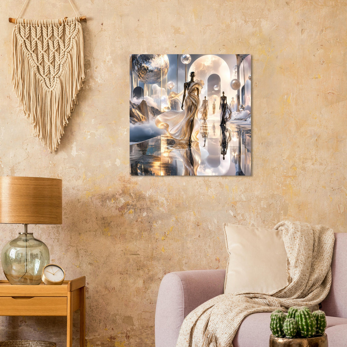 Quadratischer Kunstdruck: elegante Silhouetten, goldene Akzente und eine große helle Rundöffnung.