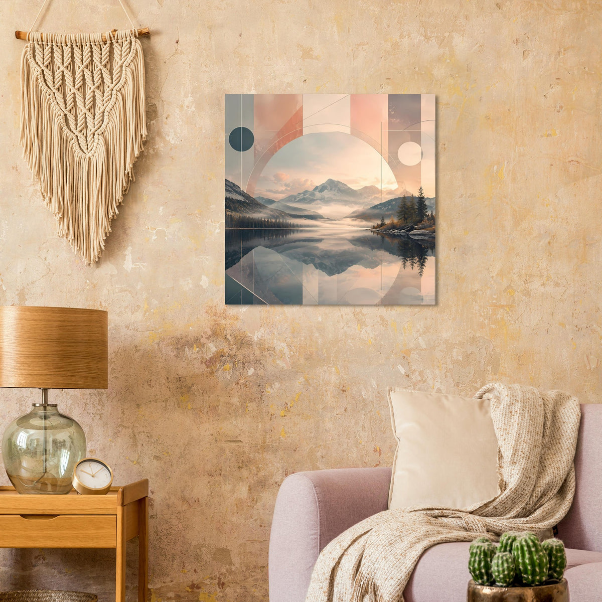Quadratisches Poster mit abstrakter Bergseelandschaft, überlagerten Rechtecken und Kreiselementen