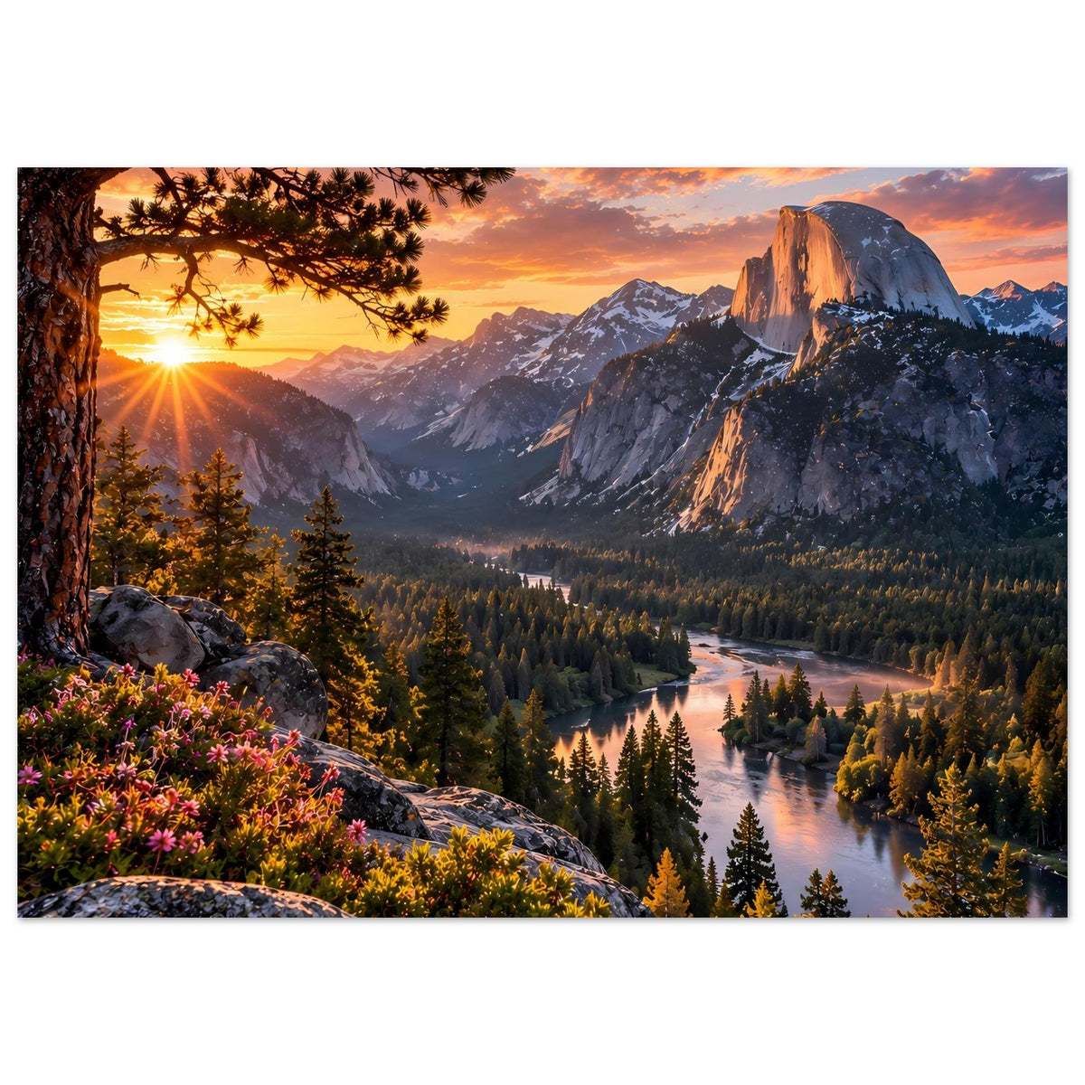 Poster im Querformat mit Sonnenaufgang über Bergkette, Talboden, Fluss und Tannen