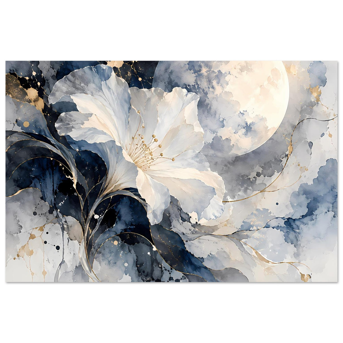 Wandposter (quer) mit weißer Blüte, Mondsichel und blauen Farbflächen mit goldenen Sprenkeln