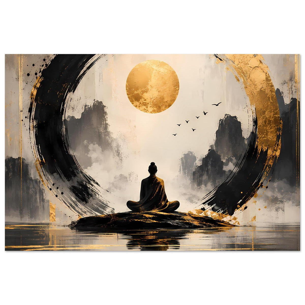 Meditationsposter mit goldenem Vollmond, schwarzer Kreisgrafik, sitzender Meditationfigur