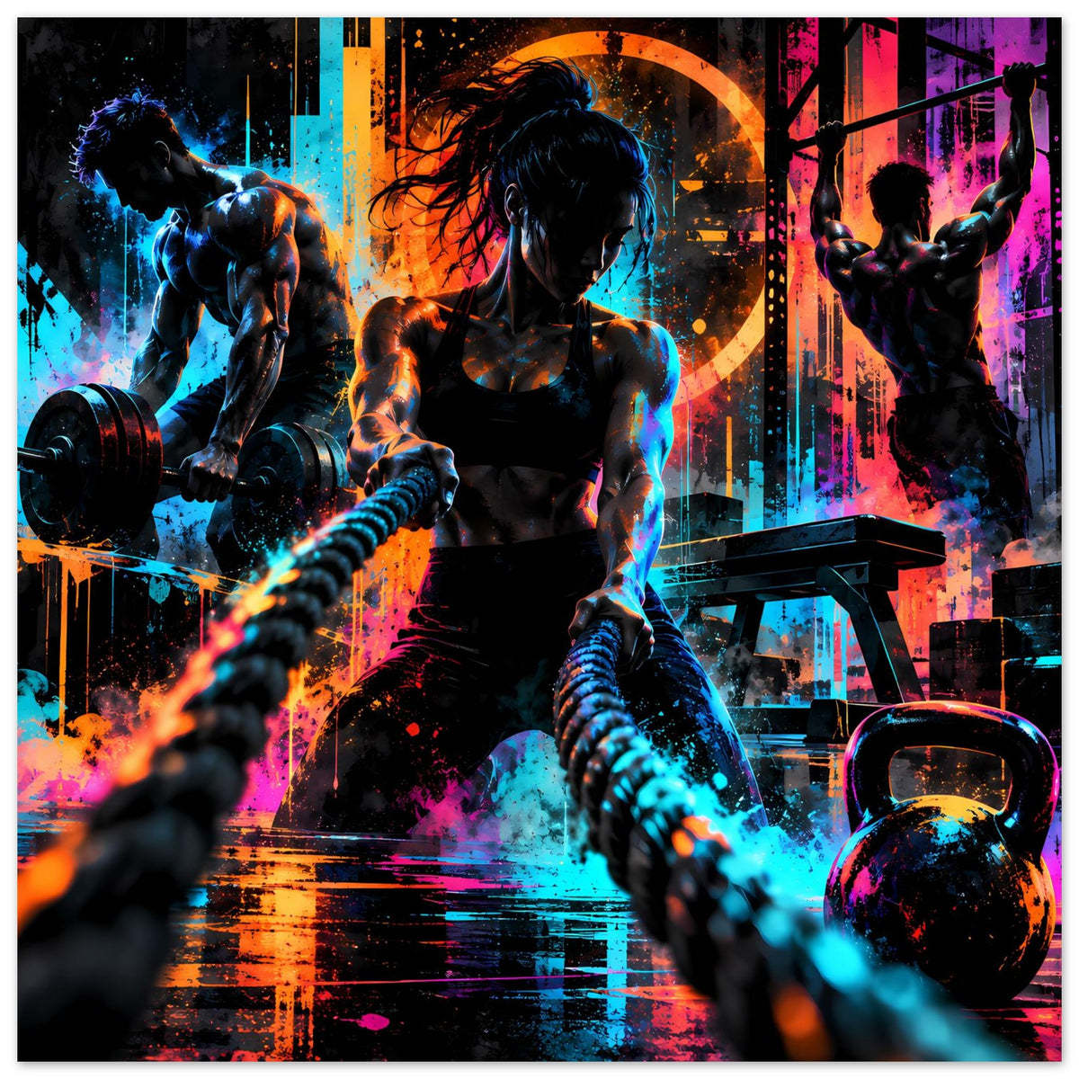 Neon-Fitnessposter vertikal mit Frau im Mittelpunkt, Hanteln links und Kettlebell rechts