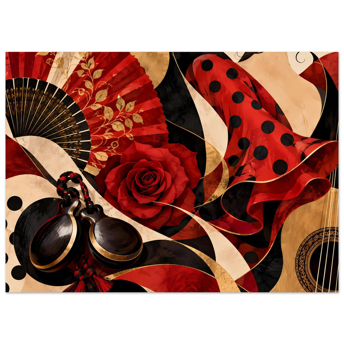 Horizontales Poster: Flamenco-Ästhetik mit rotem Fächer, Rose und Kastagnetten