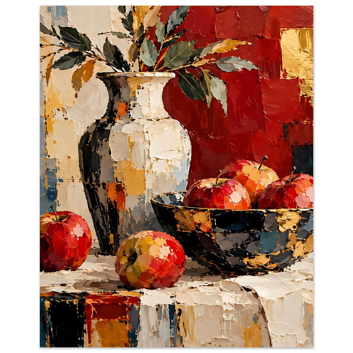 Kunstposter Stillleben mit weißer Vase und Obstschale; rote Kugelfrüchte und rote Goldflächen