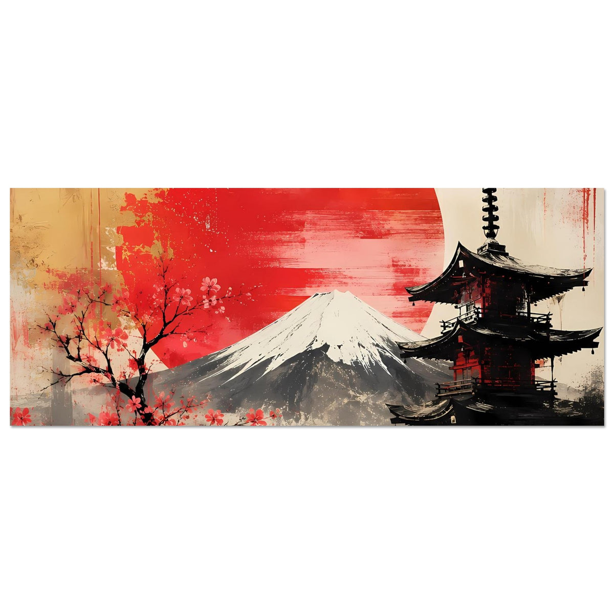 Horizontales Poster mit roter Sonne, Mount Fuji und Pagode rechts, Kirschblüten
