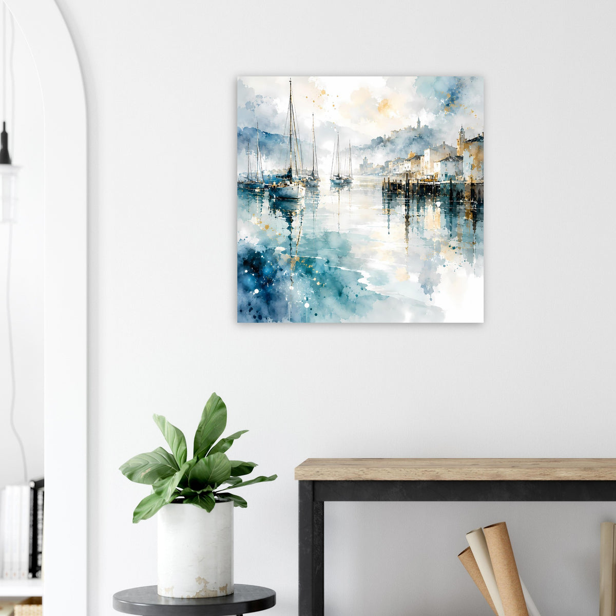 Aquarellposter mit Segelbooten im Hafen, Himmel in Blau und Weiß