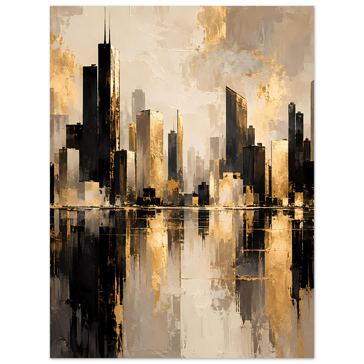 Stadtlandschafts-Poster mit gold-schimmerndem Skyline-Motiv und spiegelndem Wasser darunter