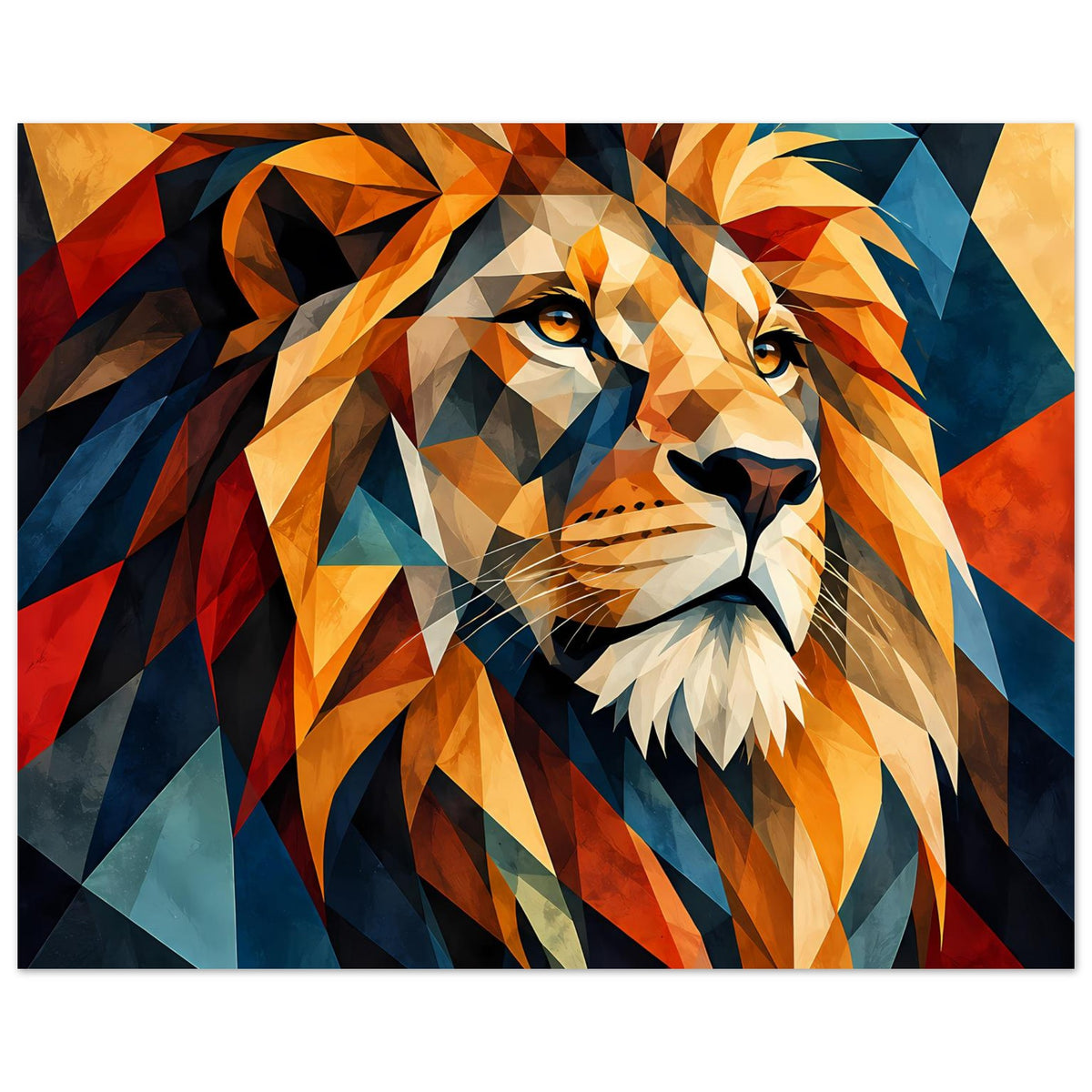 Geometrisches Löwenposter in orange, rot und blau, zentriertes Gesicht mit Mähne.