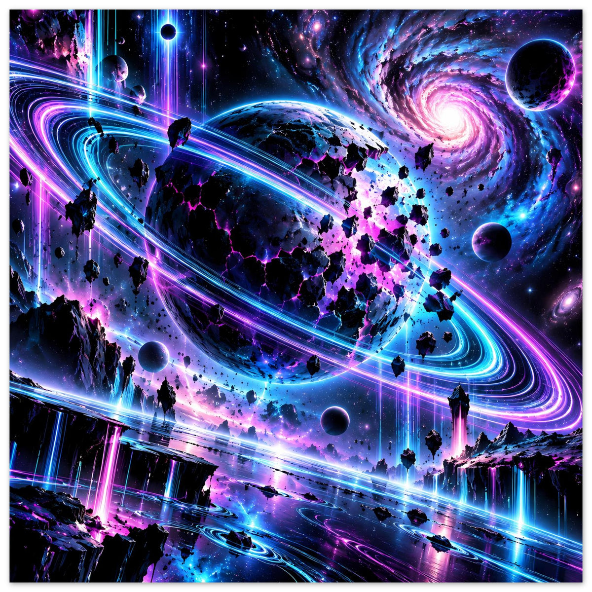 Neon-Galaxie-Poster mit violettem Spiralnebel, Planeten und rosa-blauen Lichtkanälen