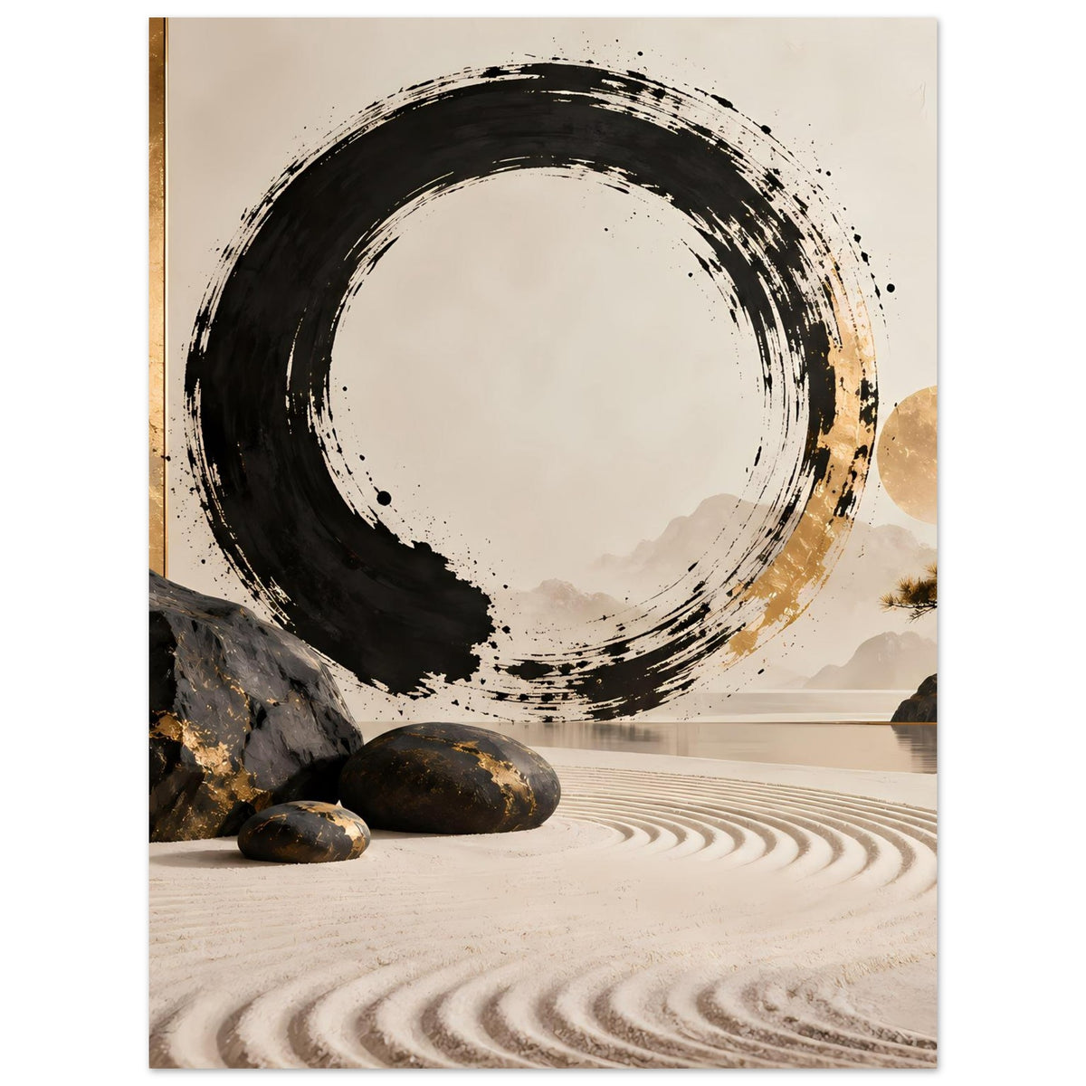 Minimalistische Tuschekunst mit schwarzem Enso-Kreis und goldener Mitte