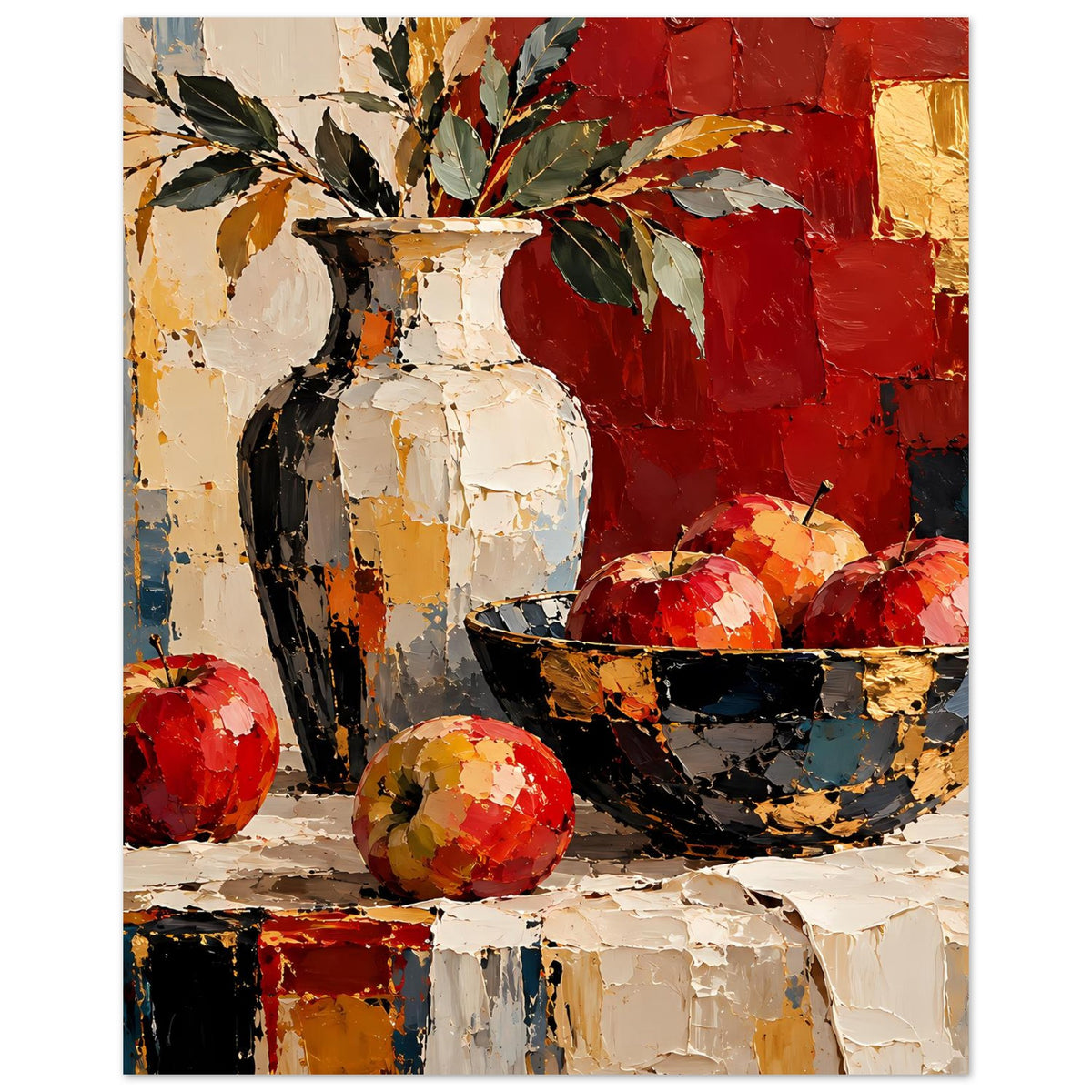 Kunstposter Stillleben mit Vase: Blätter oben, rote Früchte vorn, Tischfläche im Farbauftrag