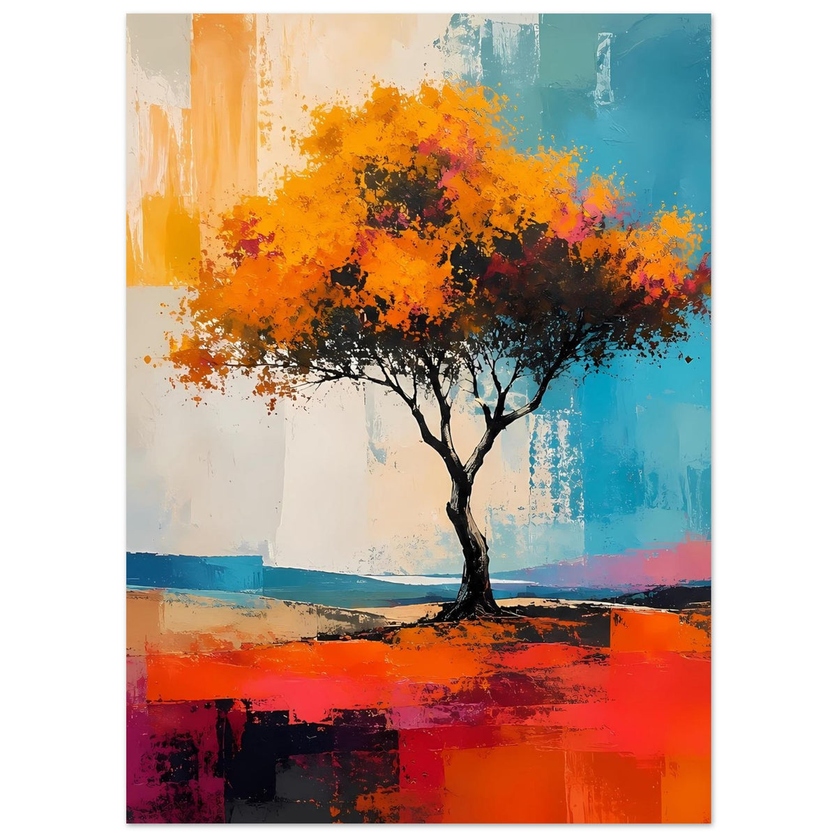 Poster mit abstraktem Baum: orange Krone, türkis-blaues Motiv, kräftige Rottöne