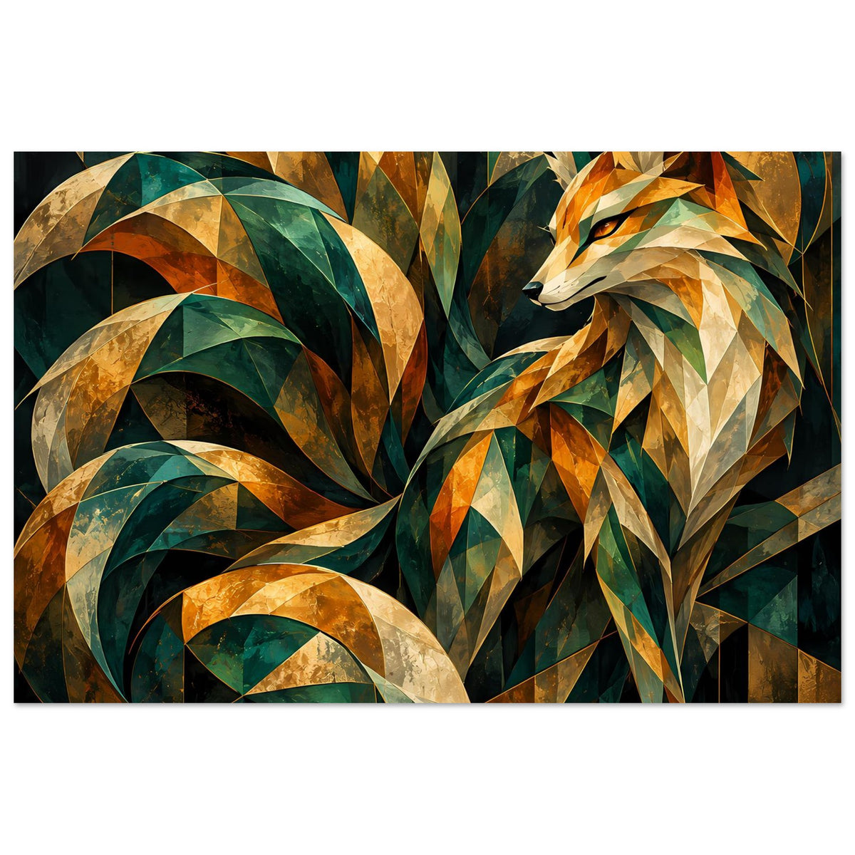 Kunstposter mit prismenartigem Fuchs, Farbkombination aus Smaragdgrün und Gold
