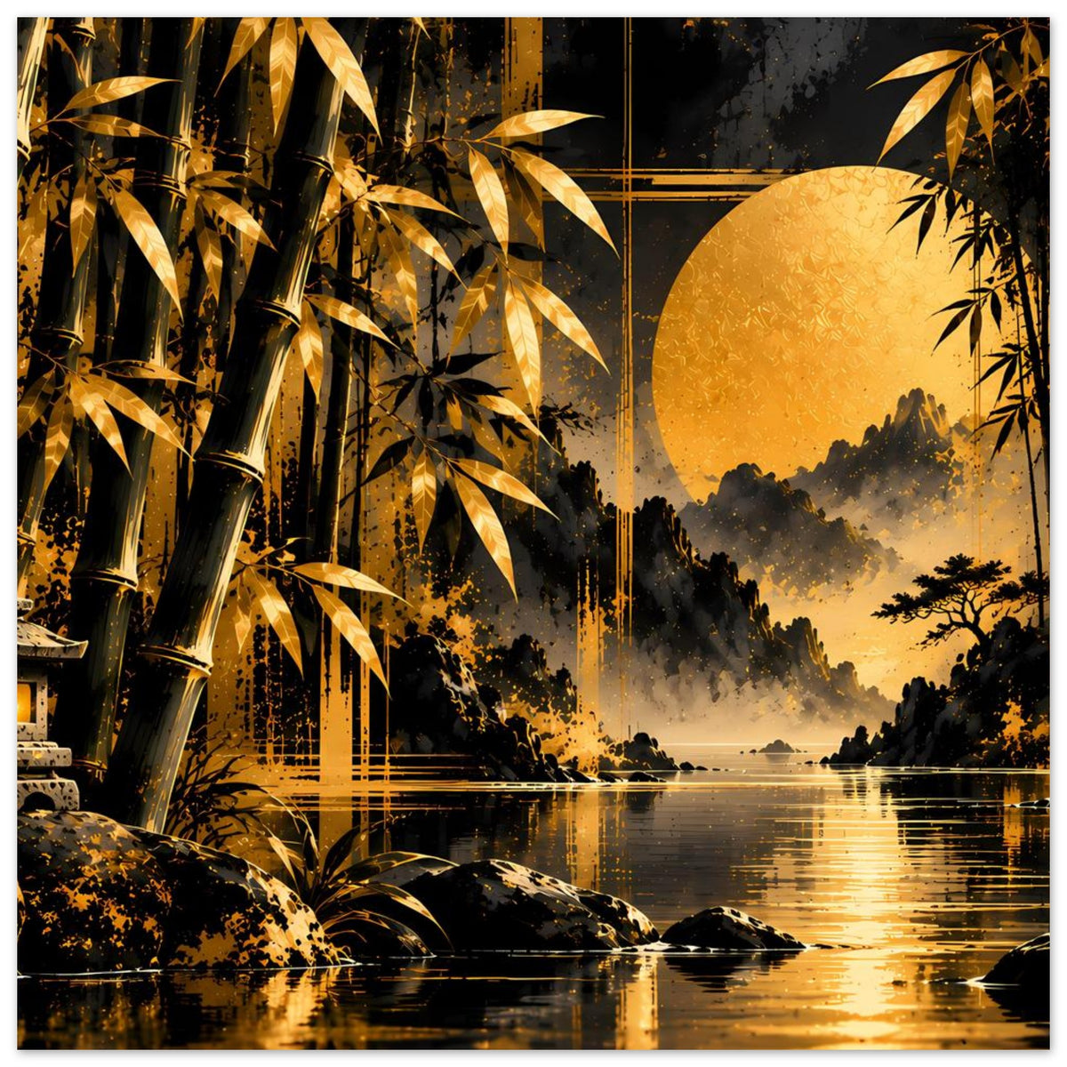 Poster mit goldener Bambuslandschaft: Bambus links, Hügel im Nebel, See mit goldenen Reflexen