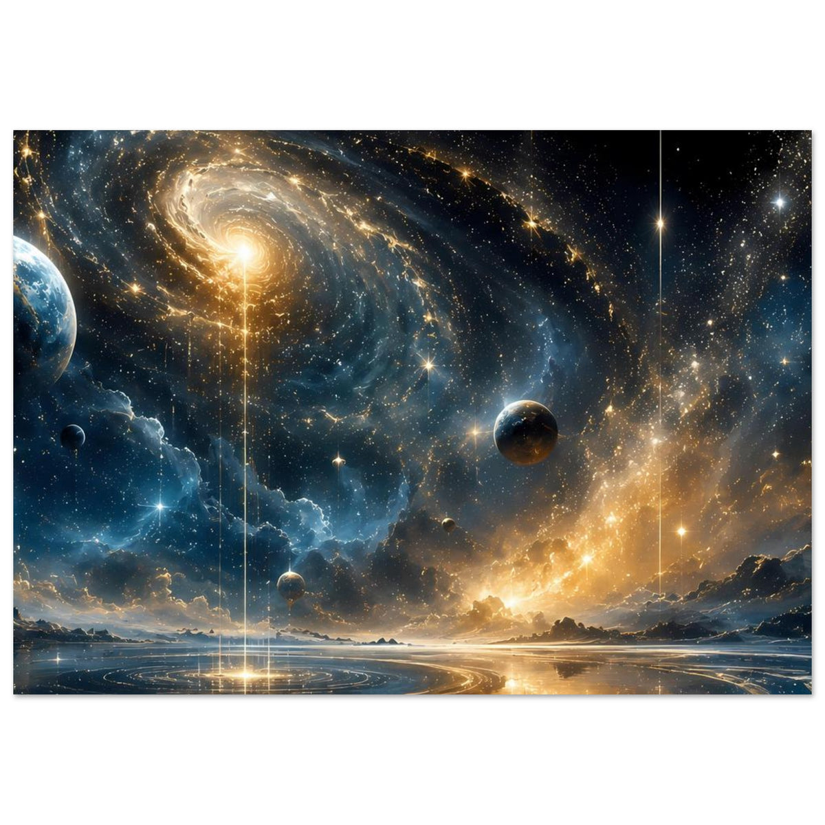 Weltraum-Poster mit Spiralgalaxie und leuchtendem Strahlenkranz, Planeten im Vordergrund