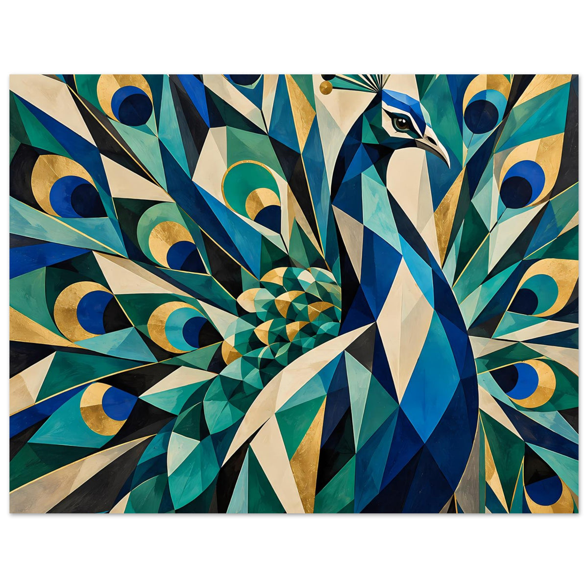 Geometrisches Pfauen-Poster im Querformat, Pfauenfeder in Blau- und Goldtönen