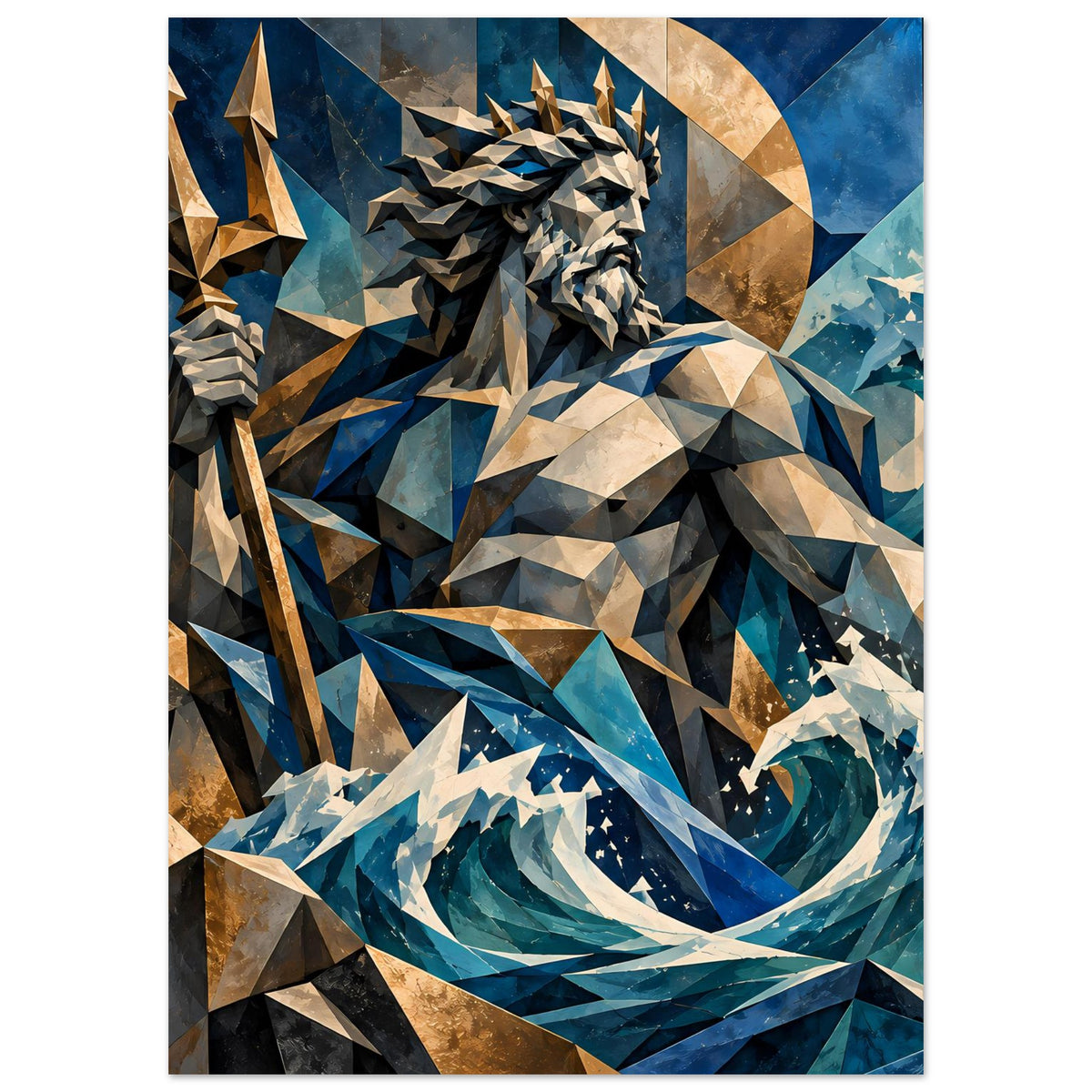 Poseidon-Poster mit geometrischer Mosaikoptik: Kopf und Wellen, Blau- und Goldtöne