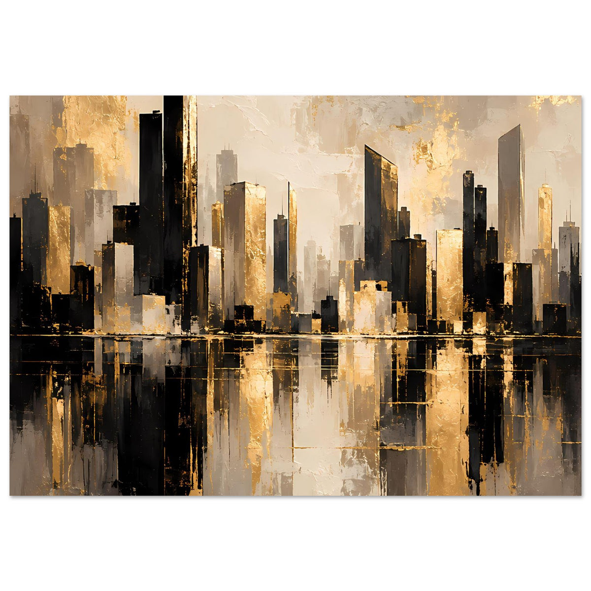Horizontales Poster mit City-Skyline, goldigen Akzenten und abstrakter Spiegelung im Wasser