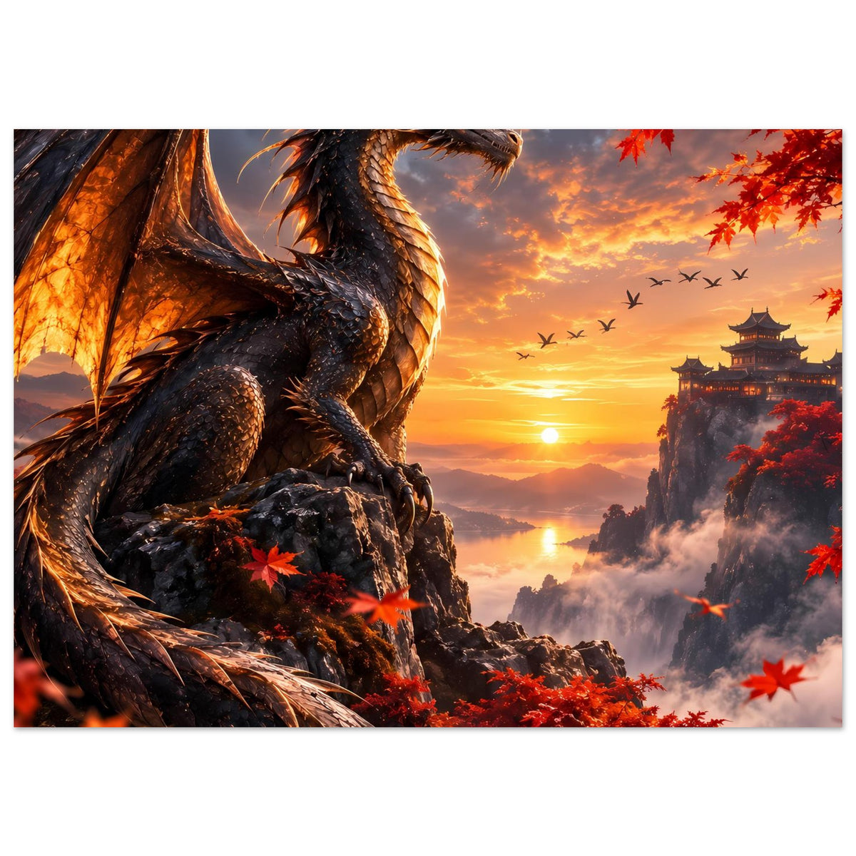 Poster mit Drachenkopf im Vordergrund, Felsen und rotes Herbstlaub vor Tempellandschaft
